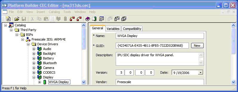 Figure 18. Platform Builder CEC Editor 2. Click Third Party> BSPs > Freescale 3DS: ARMV4I > Device Drivers > Display to open the catalog entries editor on the right side of the window. 3. Edit the name and description contents related to the new LCD display: WVGA Display.
