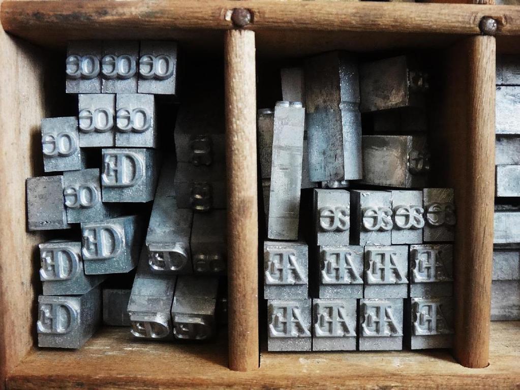 METAL LETTERPRESS TYPE Metal type was cast from matrices into all the various sorts of letter forms: capital and lower case, numerical figures, and punctuation.