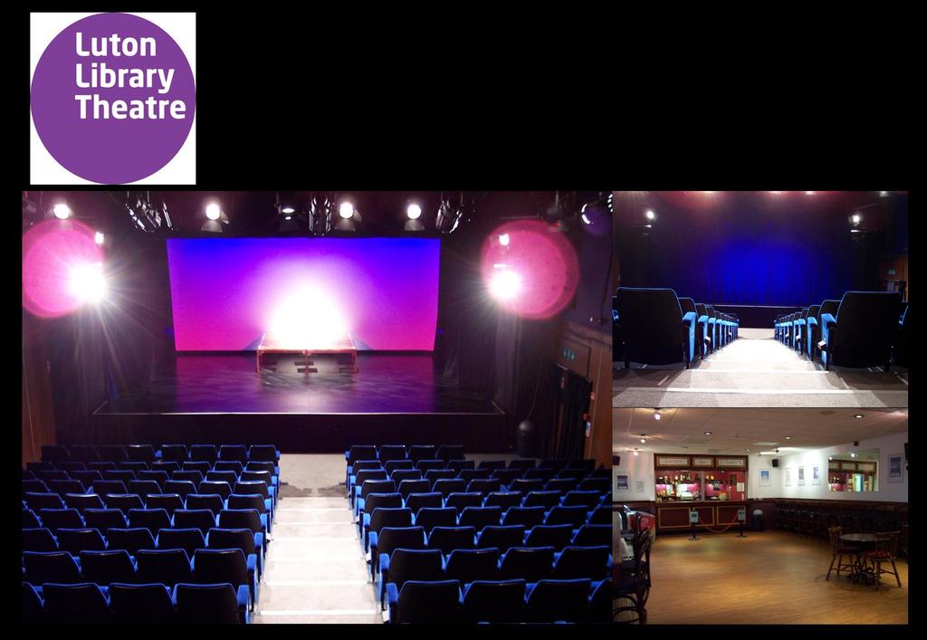 Contact us technical@lutonculture.com General Facilities Seating Capacity 238 on raked seating with centre aisle Stage Dimensions 6.4m deep x 8m wide Height of grid 4.