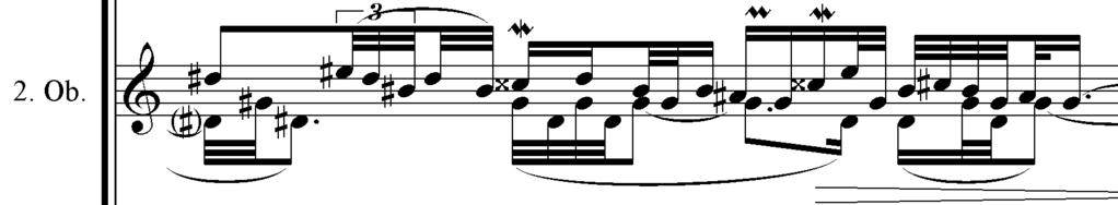 Ex. 10 tone overlaps The aleatoric moments represented by the improvisational frames, by whispering, speaking or singing ad libitum, the senza misura segments with time measured in seconds, etc.