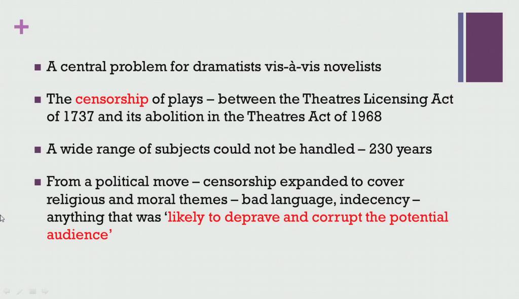 (Refer Slide Time: 02:59) If we recall w had already taken a look at the censorship of plays which came into being with the Theatres Licensing Act of 1737 and its abolition in 1968 which was a period