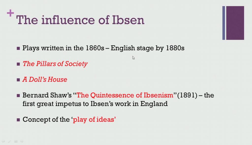(Refer Slide Time: 07:40) The influence of Ibsen was very memorable and extremely powerful in the Victorian stage though Ibsen wrote his plays for the Norwegian audience in the 1860 s they reach the