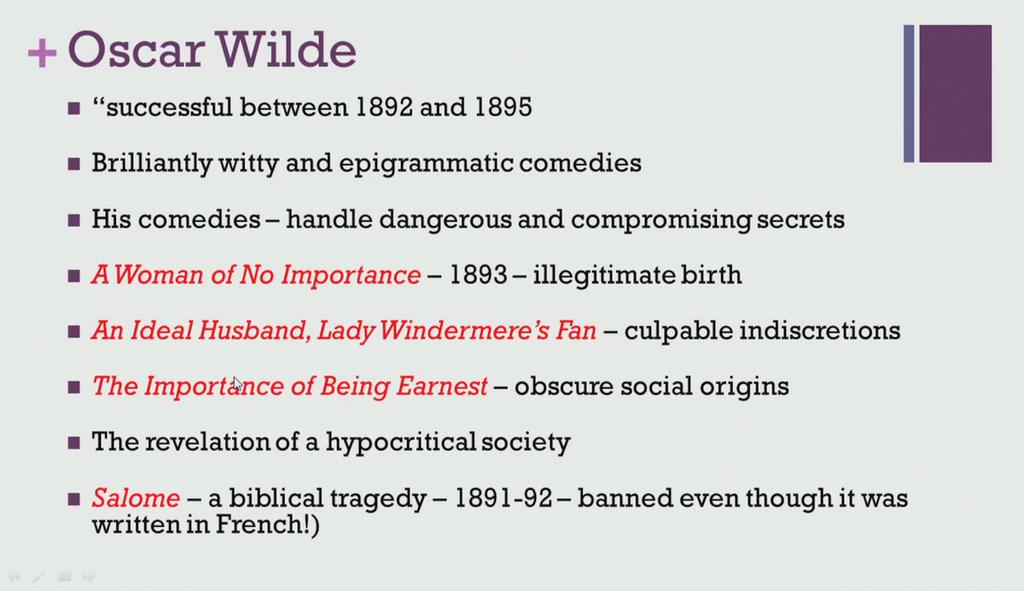 (Refer Slide Time: 09:18) Oscar Wilde was perhaps the master of this new kind of play of ideas and he was very successful between the period 1892 and 1895 his plays where very witty and humorous it