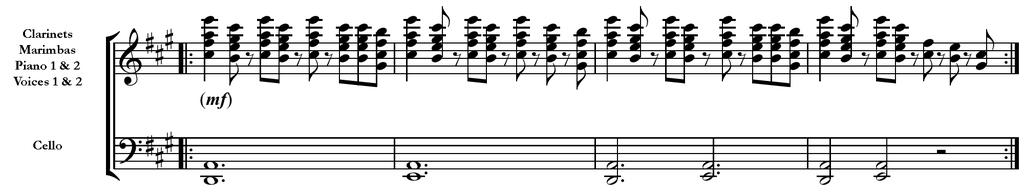 Example 14. Music for Eighteen Musicians, Sections VI: melodic pattern and cello accompaniment, R420-441.