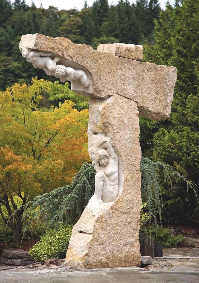 John Fisher Classic Stone Carving with a Contemporary Edge by Jonathan Noble BURDEN OF ANGELS, limestone, 12 x 10 x 2 Fisher completed this piece onsite at the Marenakos Rock Center in Preston, WA