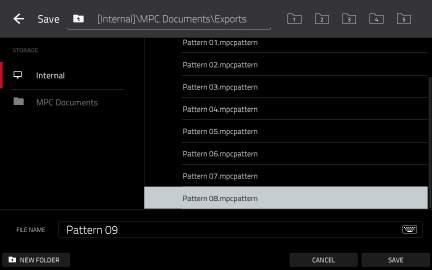 The Export as Pattern function saves the current clip as a pattern (.mpcpattern) to an external storage device or the internal drive of Force.