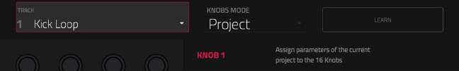 Project In the Project Knobs Edit Mode, the knobs control 16 parameters within the current project.