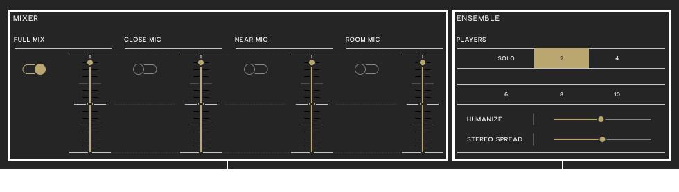Mixer 1 - Mixer: The Mixer includes three mic positions: close, near, and room, as well as a full mix (a pre-mix of all three mic positions for an easier memory load).