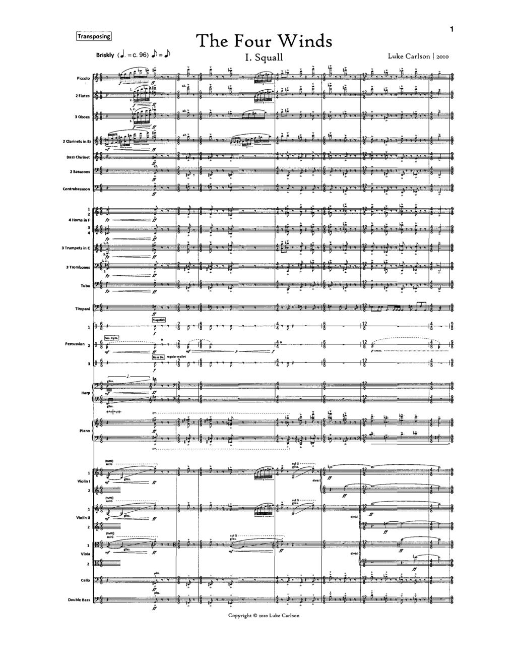 [Transposing Briskly (J. =c. 96) J> = J> The Four Winds I. Squall Luke Carlson [ 2010 2 Clarinets in Bt> Bass Clarinet Contrabassoon 0 "n 12 r,,»f * - J T :^" s j '] np~h" r.f J) a* n,» If UNi?
