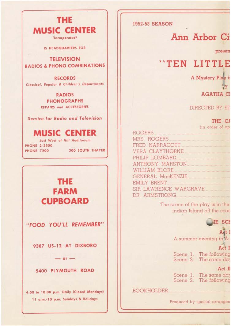 THE MUSIC CENTER (Incorporated) IS HEADQUARTERS FOR TELEVISION RADIOS & PHONO COMBINATIONS 1952-53 SEASON Ann Arbor Ci presen "TEN LITTLE RECORDS Classical, Popular & Children's Departments A Mystery