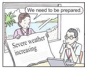 準 1 級 Card B 1 コマめ 被験者に多く見られた誤り A lady show the paper that say severe weather is increasing, and say We need