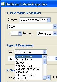 Scan Criteria Comparison Type? When we compare 2 values, what type of comparisons? Crosses above/below Is greater than.