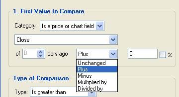 Advanced Criteria Topics Modifying the Value to Compare: of 0 bars ago ; Unchanged, or plus or minus, etc.; modify by a value (an amount); indicate whether percent or not.