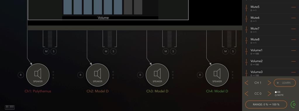 Channel8 (midi channel sliders) values 0 to 16 Transpose1 to Transpose 8 (transpose sliders) values -24 to 24 Using IDAM for IOS to Mac direct Audio/Midi Apple allow you to directly connect your