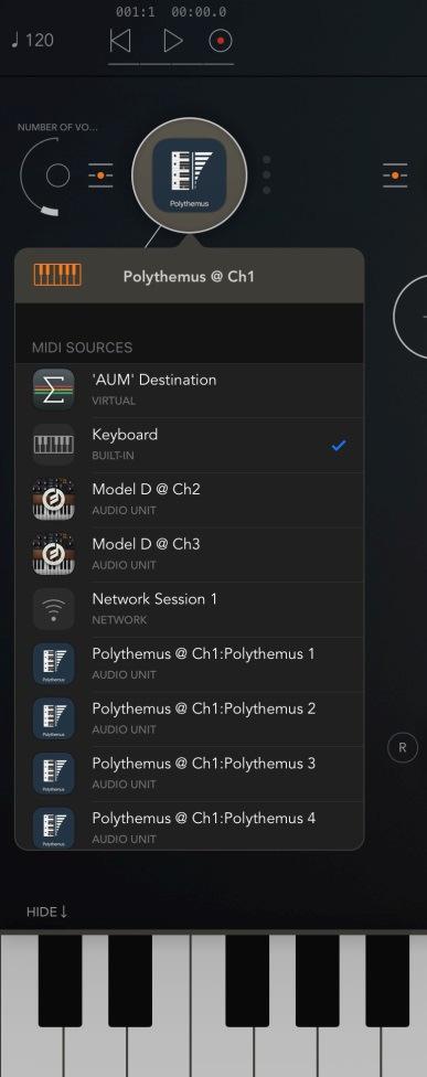 So you need to route midi into this app & connect synths to the outputs. Use the AUM Keyboard to provide midi input (channel 1 only) to the app touch the first AUM icon and the keyboard pops open).
