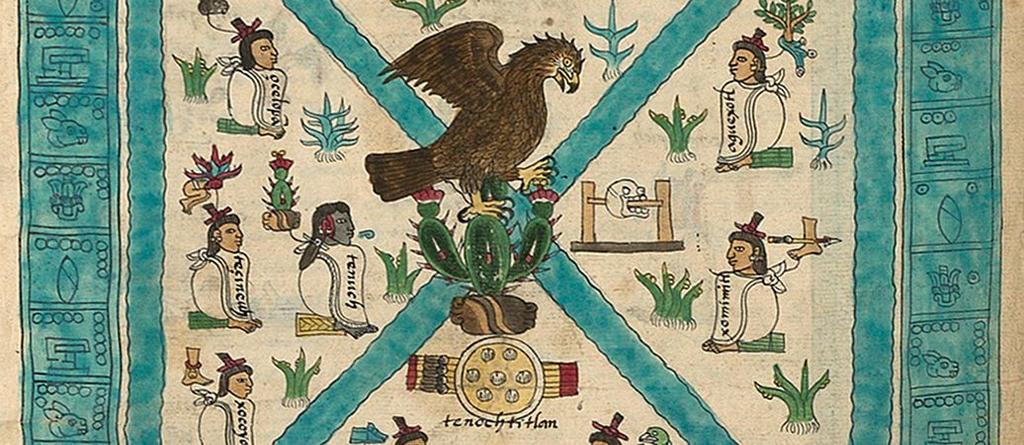 Eagle on prickly pear cactus = Tenochtitlan (Mexican flag) Ten men who led Aztecs to the city (gray man = priest)