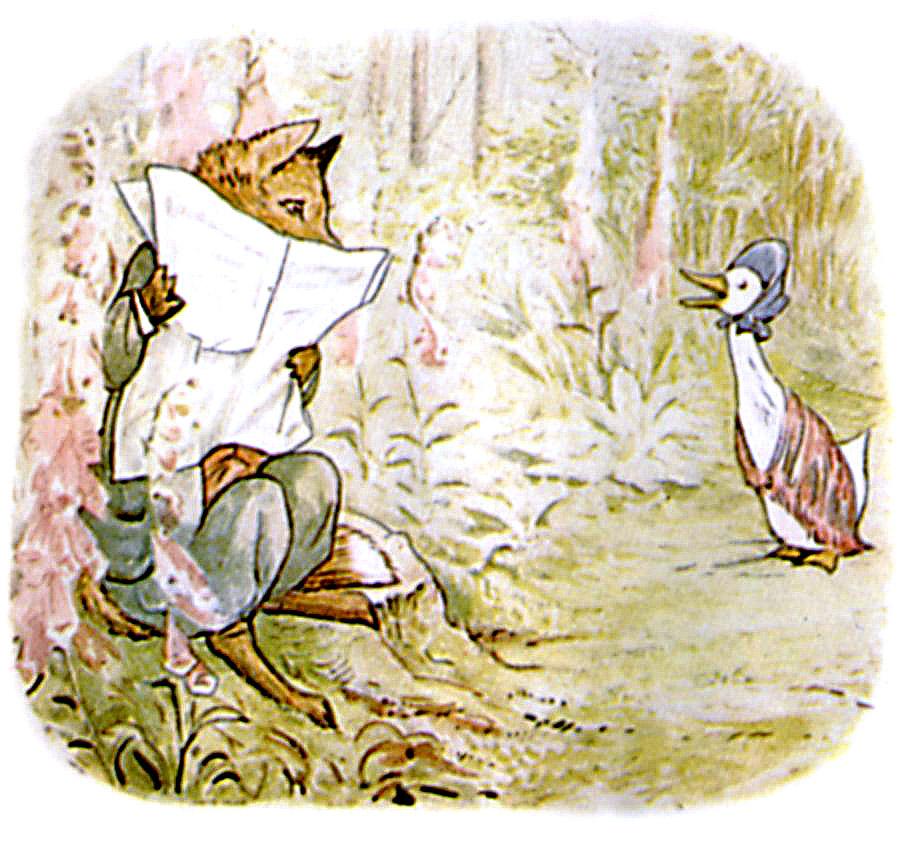 When she reached the top of the hill, she saw a wood in the distance. She thought that it looked a safe quiet spot. Jemima Puddle-duck was not much in the habit of flying.
