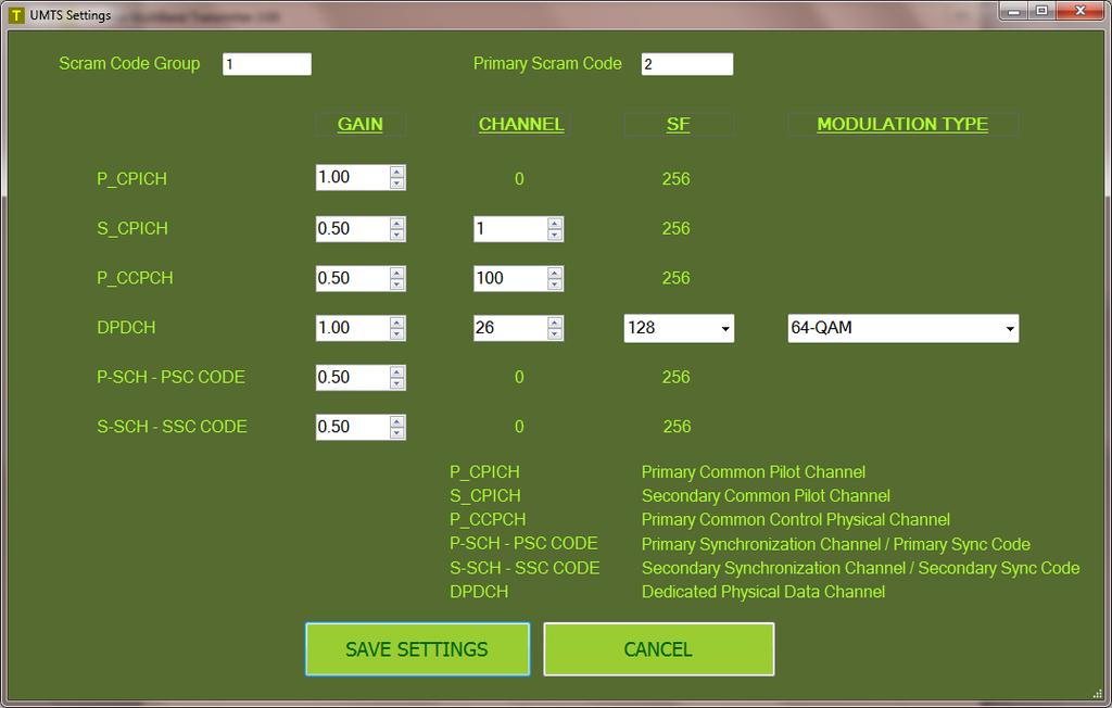 UMTS Modulator Settings UMTS Modulator Settings Screen The settings screen for UMTS contains gain settings for six different UMTS channels. Set the gains to the power ratio desired.