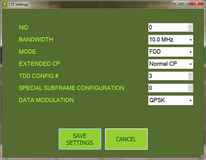LTE Modulator Settings LTE Modulator Settings Screen The settings screen for LTE contains settings for the NID, bandwidth, TDD or FDD, Extended or Normal CP, TDD configuration number, special