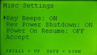 MISC SETTINGS MISC SETTINGS contains ON / OFF toggles for audible keypad beeps, Rev Power Shutdown