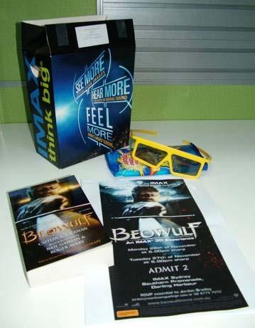 COUNTDOWN TO BATTLE: Three weeks prior to release BEOWULF 3D Publicity Pack Utilising the theatre s 3D themed popcorn boxes a special Beowulf media pack was sent to key film reviewers.