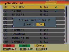 You can edit the satellite s name and its longitude. Once you have edited the satellite, select Save option and confi rm with [OK].