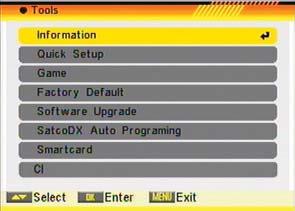 - Information - Quick Setup - Game - Factory Default - Software Upgrade - SatcoDX Auto Programing - Smartcard - CI OSD 76 6.1. INFORMATION 1.