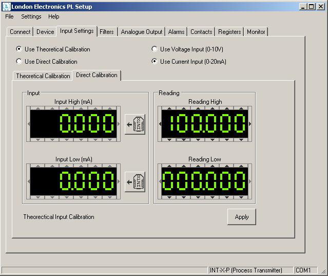 PC Setup - Input Settings - direct This section only on INT-X-P versions, not on INT-X-L If you want to calibrate your transmitter with real signals from your process, select Direct Calibration.