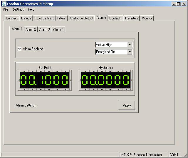 PC Setup - Alarm Relays Each alarm relay can have its response tailored as follows:- 1. Alarm enabled - When ticked, the relay will respond to process changes.