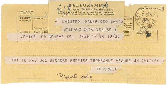 Telegram from Ernest Ansermet to Gian Francesco Malipiero, 1995 with the acquisition of the archive of Nino Rota, an outstanding 20 November 1950 (Fondo Gian Francesco Malipiero, composer of film