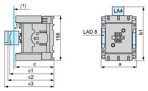 Product data sheet Dimensions Drawings LC1D150B7 Dimensions (1) Minimum electrical clearance LC1 D115 and D150 (3-pole) a 120 b1 with LA4 DA2 174 with LA4 DF, DT 185 with LA4 DM, DL 188 with LA4 DW