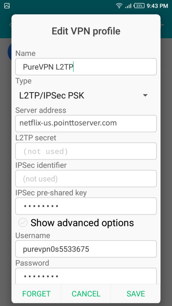IPSec pre-shared key: 12345678 Username: Your PureVPN username.
