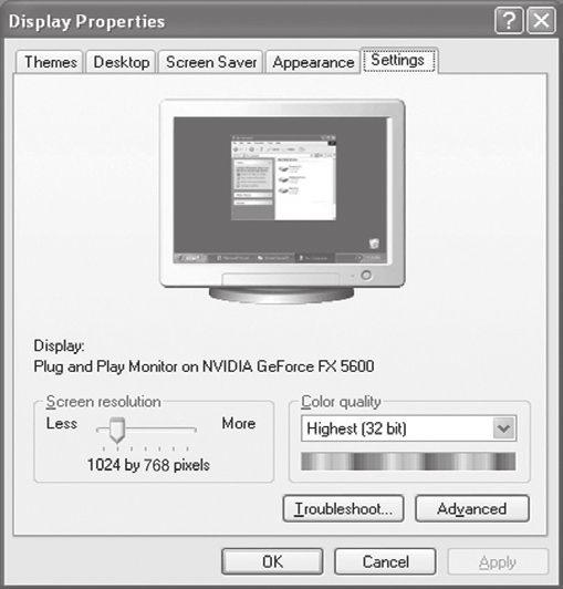 Pantalla de PC Uso del TV como pantalla de ordenador (PC) Configuración del software del PC (basado en Windows XP) A continuación se muestra la configuración de visualización de Windows para un