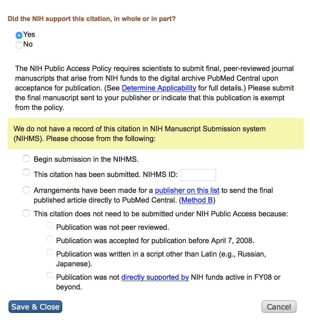 Did the NIH support this citation, in whole or in part? Select YES (if apply). A new window will open 3.