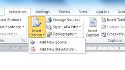 Inserting a Citation NOTE: To use the Citations and Bibliography features of Word, you must save the document in Word 2010 format, (with a.docx suffix).