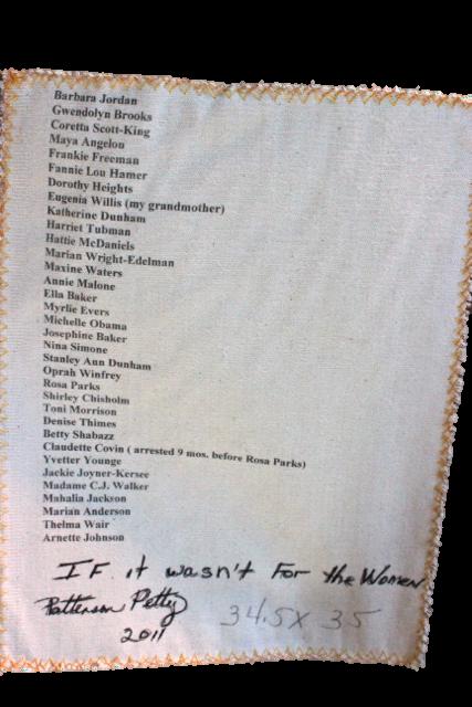 This photo shows text Edna included on the back of her quilt. It names all the women whose photos are included in the quilt.