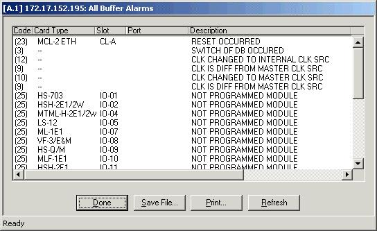 Chapter 2 Agent Configuration Mode Figure 2-34. Mux All Active Alarm List Table 2-19. Mux All Active Alarm List s Code Card Type Slot Port Description Status Date Time [Save File.