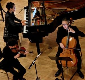 Benjamin Hoffman (violin), Clement Chow (cello) and Irene Kim (piano) Credit: Kerianne PinkstaffThe program was skillfully constructed, beginning with a lithe and melodic rendering of the Mozart Trio