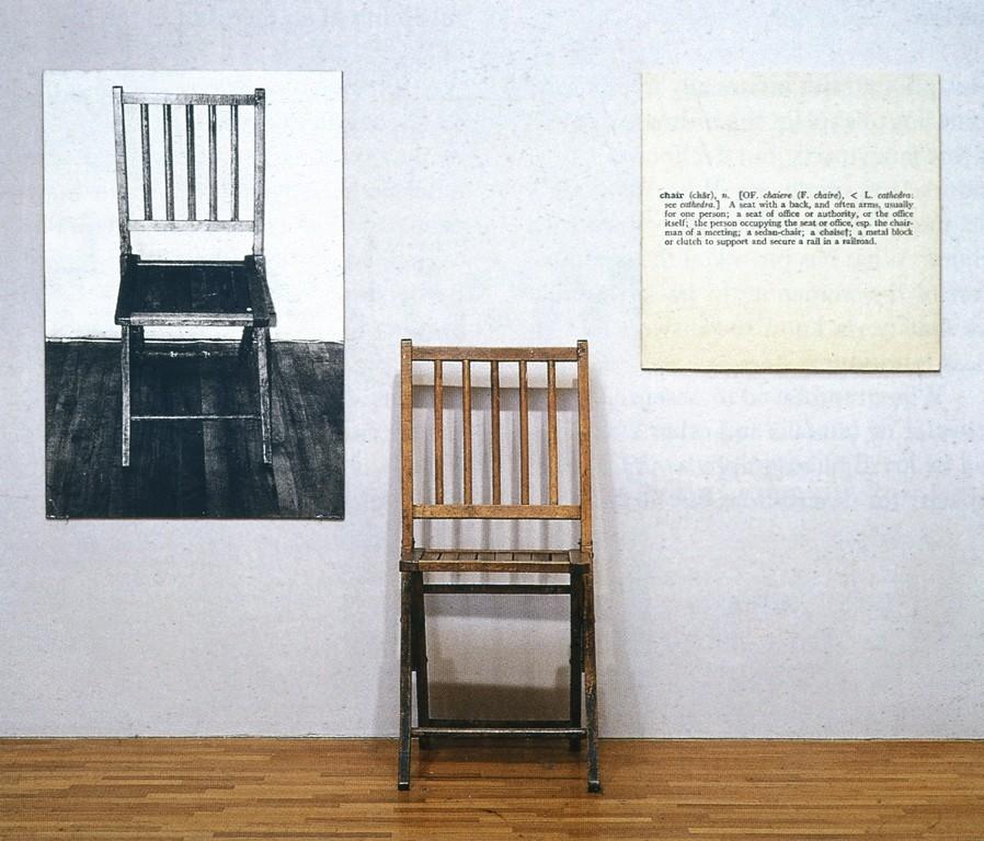 One and Three Chairs (1965) One and Three Chairs (1965) is an installation comprised of a wooden chair, a photograph of the wooden chair in the the exhibition space printed at the same size of the