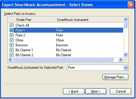 Here SmartMusic identifies the various parts in my Finale file and automatically associates appropriate SmartMusic