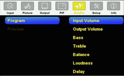 7.5 The Audio Screen Figure 18: Audio Screen Setting Function Default Program/Preview Input Volume Adjust the input volume: -22 to 22 0 Output Volume Adjust the output volume: -100 to 24 0 Bass