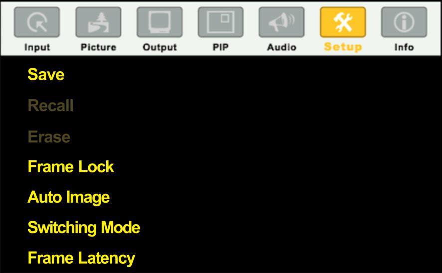 7.6 The Setup Screen Figure 19: Setup Screen Setting Function Default Save Save setup to Profile 1 to Profile 8 or via USB to a memory stick Recall Recall setup from Profile 1 to Profile 8 or from a