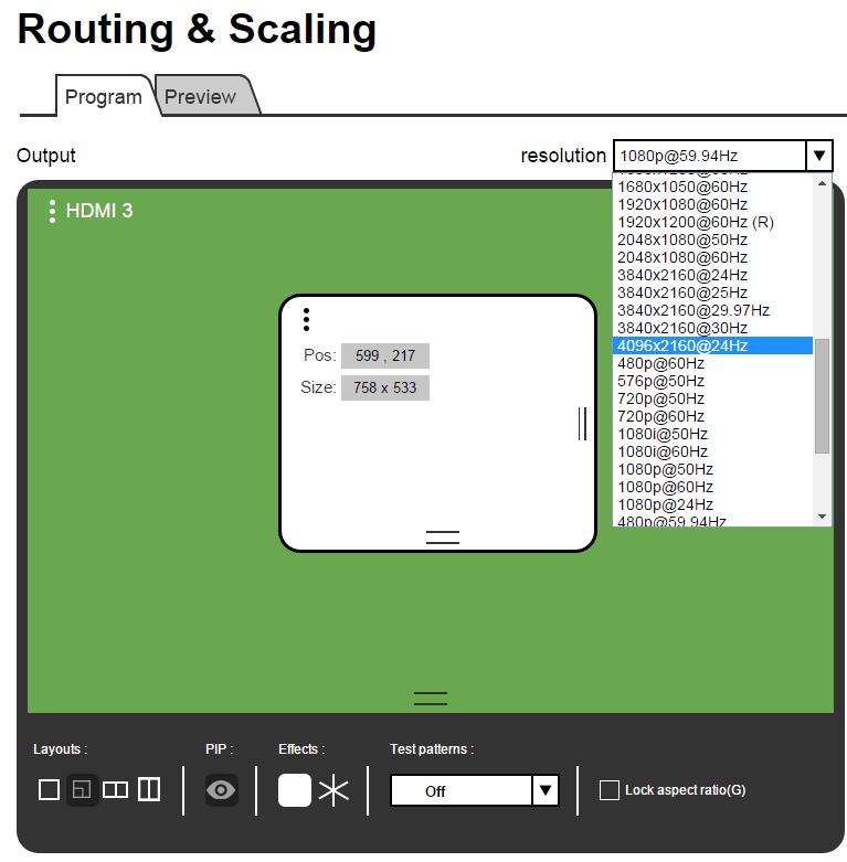 Figure 31: The Routing & Scaling Page Selecting the output Resolution The Preview tab shows the list of resolutions available for the Preview output (including Single Picture to set the PIP mode, see