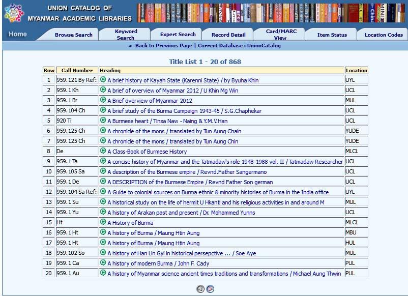 Title results of Myanmar History with Location Member Libraries 1. Universities Central Library 2. University of Yangon Library 3. Bago University Library 4. Dagon University Library 5.