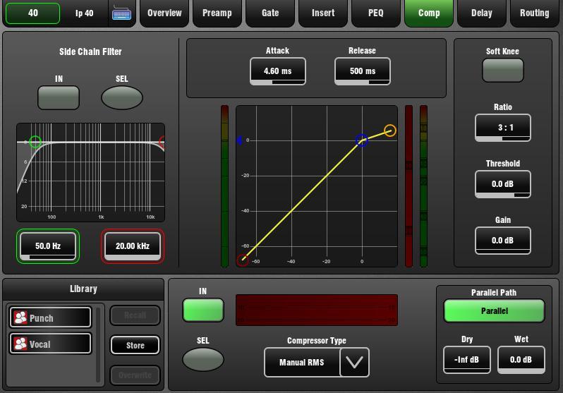 3.13 Compressor page The Compressor is used to automatically reduce the dynamic range of the signal by squashing loud sounds and bringing up quieter sounds.