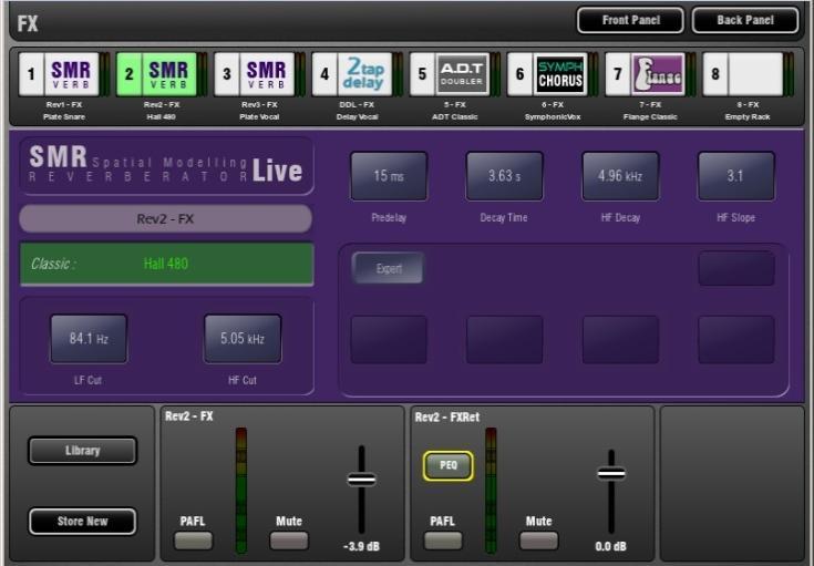 5. FX Screen 5.1 Front Panel view Access the FX using the FX screen or by pressing Sel keys for individual FX Send or Return fader strips. PEQ Each FX Return has a 4-band Parametric Equaliser.