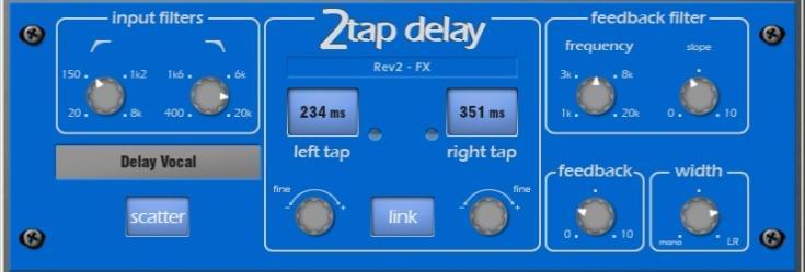 In addition there are 5 pages of scrollable Expert pages for the Reverb which allow precision control: 2-Tap Delay Page 1 - Reflections - Source Diffusion, Size, Shape, Ref Detail.