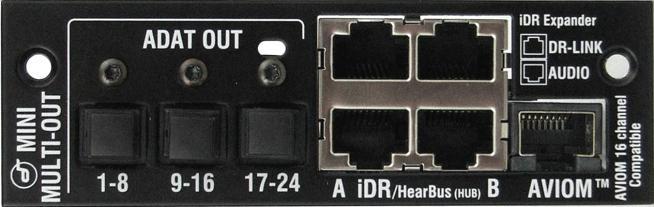 The MMO (Mini Multi Out) card provides several output formats 24 channels of ADAT optical out, two 8 channel idr links to connect the Allen & Heath idr-8 or idr-4 mix processors, or the idr-out or