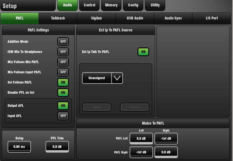 9. Setup Screen Audio 9.1 PAFL Setup page Set your preferences for the PAFL monitoring system.