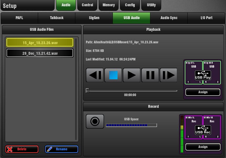 9.4 USB Audio page Set up and manage stereo recording and playback to a USB key. Tracks and space available are shown.